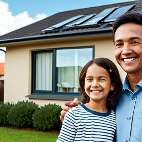 Home 18 **
A family-friendly scene depicting a father, mother, and child, all smiling and fully clothed, in front of a house. The house represents security and stability. In the sky above them, a subtle graphic representing a shield symbolizes insurance protection. The overall image conveys a sense of well-being and financial security. Safe for work, appropriate content, professional illustration, modest clothing, perfect anatomy, natural proportions.
**