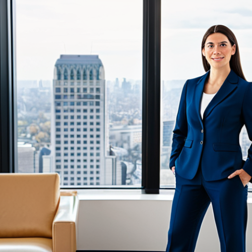 Home 17 **
A professional businesswoman in a modest, dark blue pantsuit, standing confidently in a bright, modern office lobby with large windows overlooking a cityscape. Fully clothed, appropriate attire, safe for work, perfect anatomy, natural proportions, professional corporate photography, high quality, well-formed hands, proper finger count. Family-friendly.
**