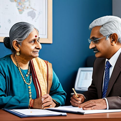 Home 8 **
"A senior citizen, fully clothed in traditional Indian attire, consulting with a financial advisor in a modern office setting. The environment is bright and professional. The scene emphasizes financial planning and security for retirement. Safe for work, appropriate content, professional, modest, family-friendly, perfect anatomy, correct proportions, natural pose."
**