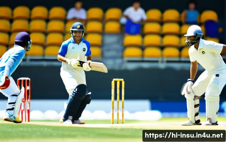 스포츠 활동 보험 - A dynamic and detailed scene of a competitive cricket match in progress, featuring players wearing f...