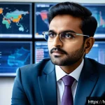 Home 20 사이버보험 보장 항목 - A modern Indian businessman in a sleek office setting, wearing formal attire, looking thoughtfully a...