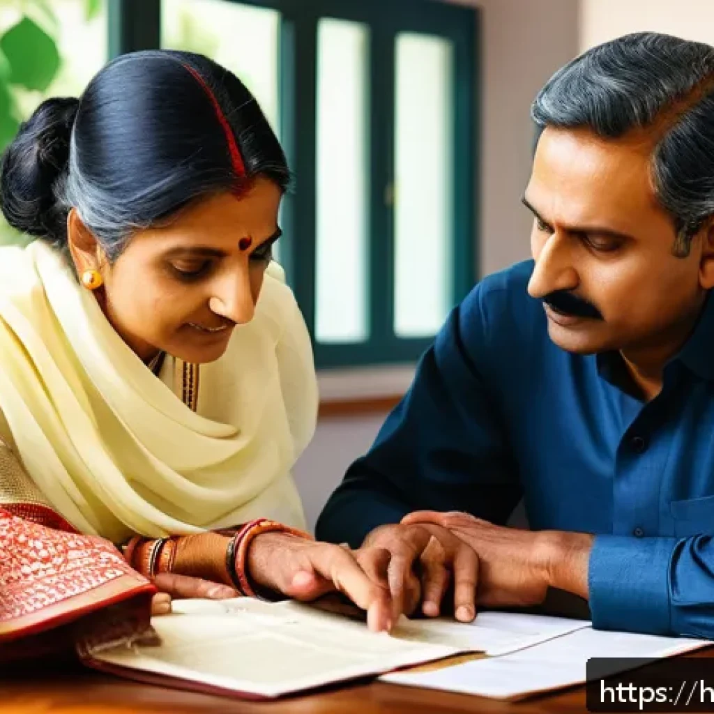 이혼 후 자녀 보험 관리 - A thoughtful Indian mother and father sitting together at a table in a cozy home setting, reviewing ...