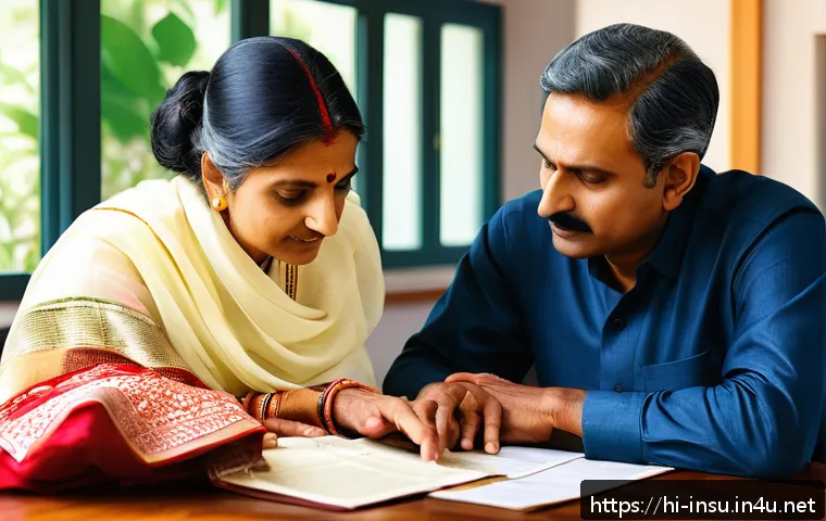 이혼 후 자녀 보험 관리 - A thoughtful Indian mother and father sitting together at a table in a cozy home setting, reviewing ...
