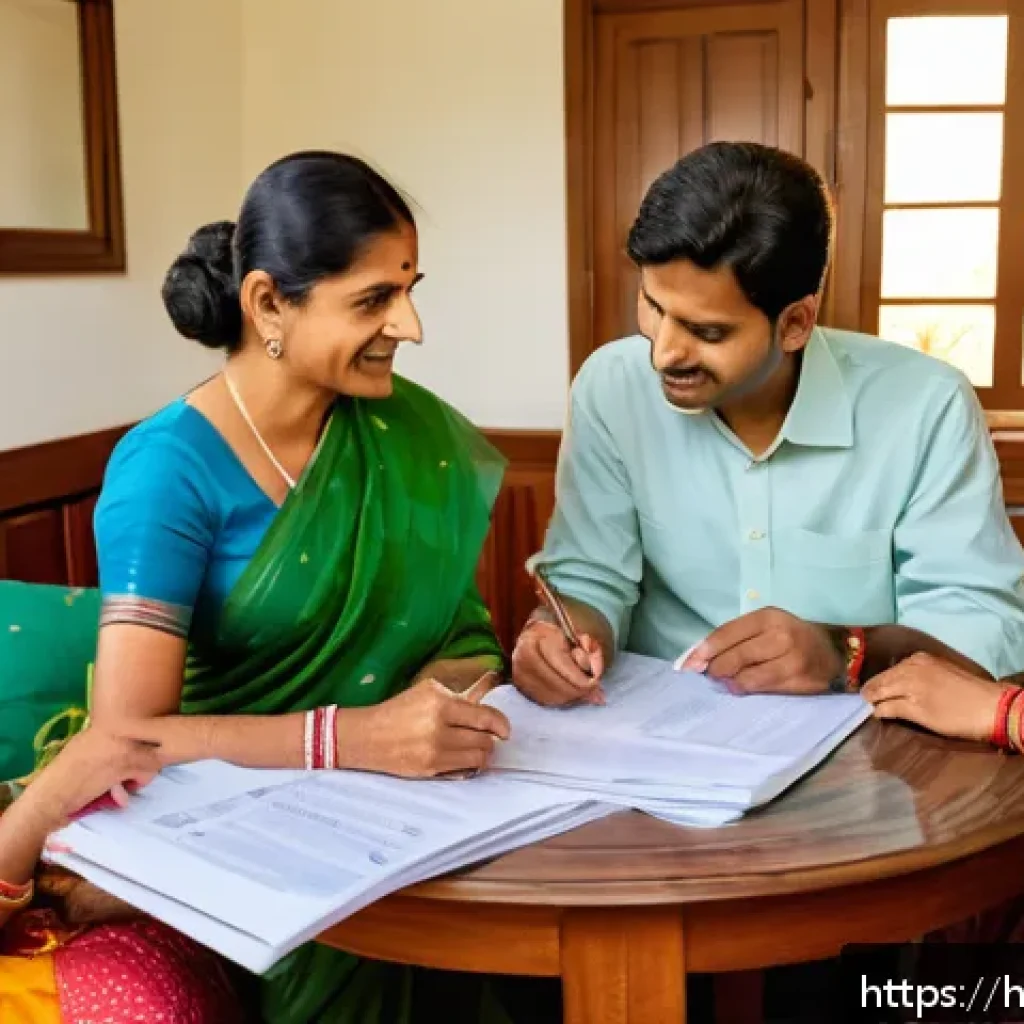 보험 약관 쉽게 이해하기 - A detailed, warm illustration of a Hindi-speaking family sitting around a table with insurance docum...
