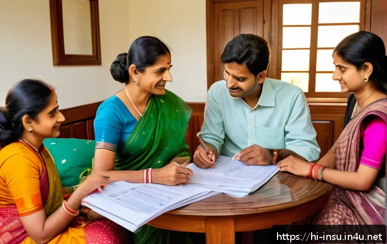 보험 약관 쉽게 이해하기 - A detailed, warm illustration of a Hindi-speaking family sitting around a table with insurance docum...