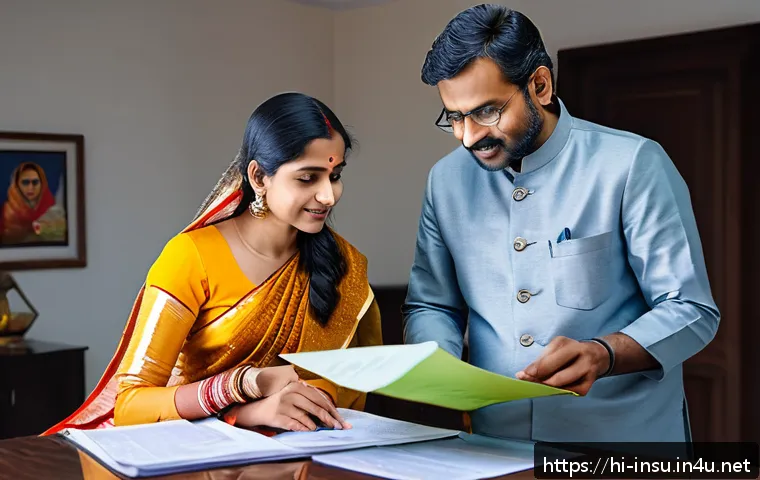 보험 피보험자와 계약자의 차이 - A professional Indian family scene illustrating the concept of policyholder and insured person roles...