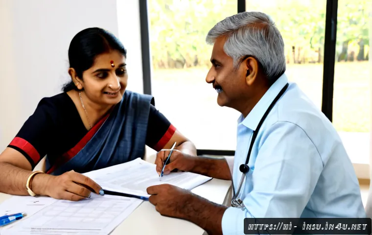건강보험 추가 보장 상품 - Photorealistic Indian family health insurance consultation, a middle-aged Hindi-speaking couple with...
